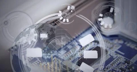 Composition of scope and data processing and globe of connections over computer Illustrazione stock
