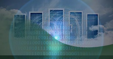 Composition of scope scanning and binary coding with computer servers Stock Illustration