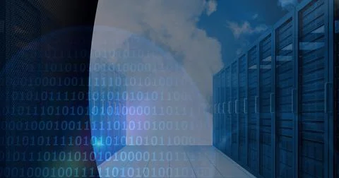 Composition of scope scanning and binary coding with computer servers Stock Illustration