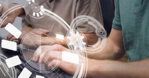 Composition of scope scanning and data processing over people using computers Foto stock