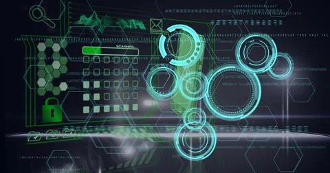 Composition of scope scanning and digital data processing on black background 스톡 일러스트