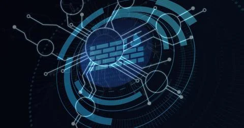 Composition of scope scanning and human and medical data processing on black Illustrazione stock