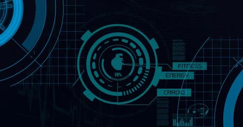 Composition of scope scanning and medical data processing on black background Illustrazione stock