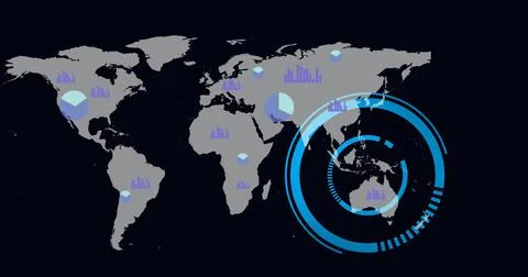 Composition of scope scanning and statistics over world map Ilustração Stock