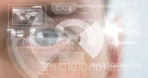 Composition of scope scanning, binary coding and data processing over man's face Stock Photos