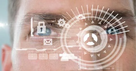 Composition of scope scanning data processing over man's face Stock Photos