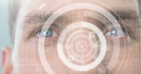 Composition of scope scanning data processing over man's face 스톡 사진