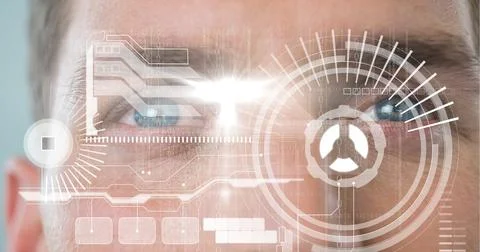 Composition of scope scanning data processing over man's face 스톡 사진