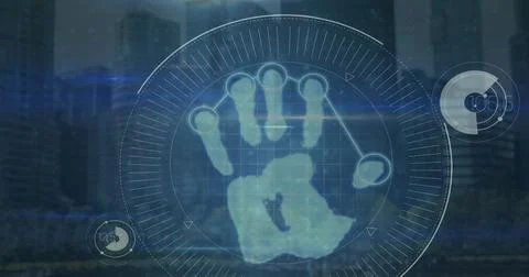 Composition of scope scanning with hand and data processing over cityscape Stockillustratie