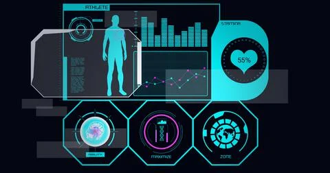 Composition of scope scanning, human and medical data processing on screens on Stock Illustration
