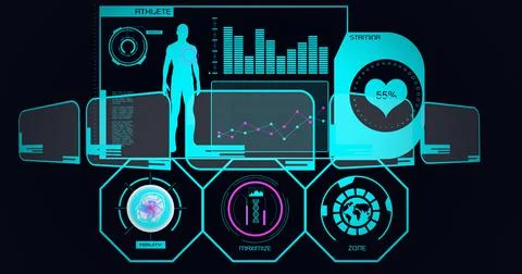 Composition of scope scanning, human and medical data processing on screens on Stock Illustration
