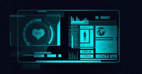 Composition of scope scanning, human and medical data processing on screens on Stock-Illustration