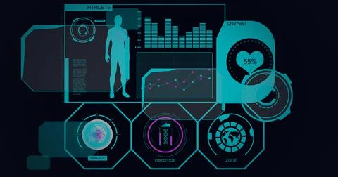 Composition of scope scanning, human and medical data processing on screens on Stock Illustration
