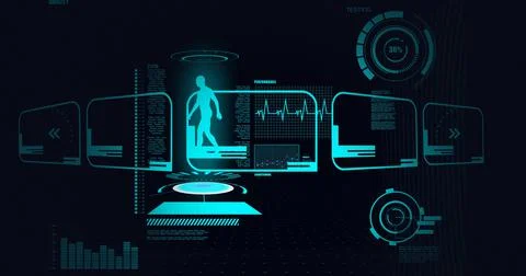 Composition of scope scanning, human and medical data processing on screens on Ilustração Stock
