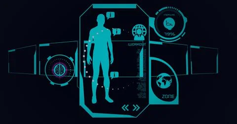 Composition of scope scanning, human and medical data processing on screens on Stock Illustration