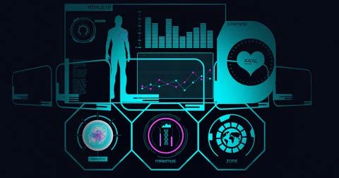 Composition of scope scanning, human and medical data processing on screens on Ilustração Stock
