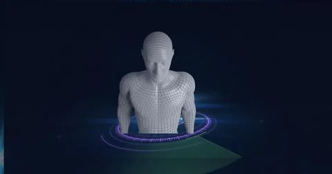 Composition of scope scanning with human body formed with grey particles Illustrazione stock