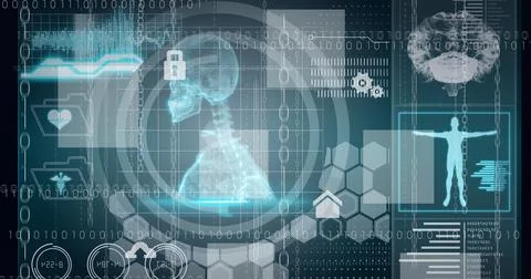 Composition of scope scanning, human skeleton and scientific data processing on Stock Illustration