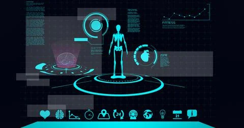 Composition of scope scanning, human skeleton and medical data processing on Stock Illustration
