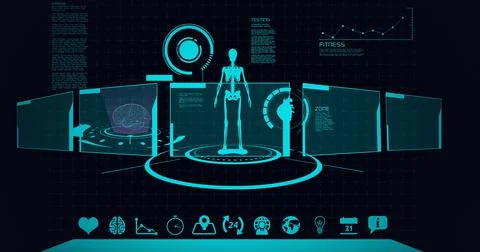 Composition of scope scanning, human skeleton and medical data processing on Illustrazione stock