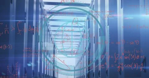 Composition of scope scanning with icon and mathematical equations over server Ilustração Stock