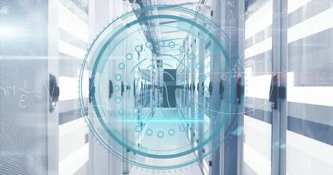 Composition of scope scanning with icon and mathematical equations over server Ilustração Stock