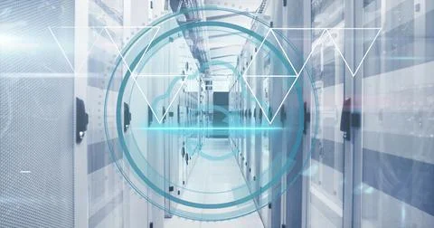 Composition of scope scanning with icon and shapes over server room Ilustração Stock