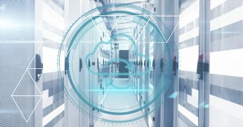 Composition of scope scanning with icon and shapes over server room Ilustração Stock