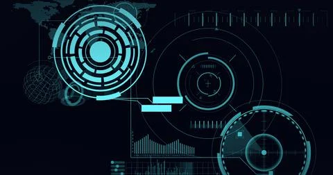 Composition of scopes scanning and data processing with world map over black 스톡 일러스트