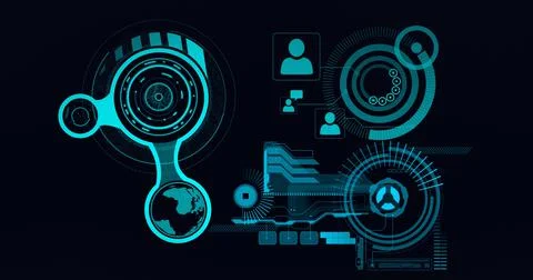 Composition of scopes scanning and digital people icons on black background Ilustração Stock