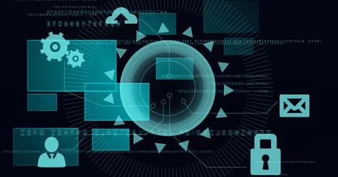 Composition of scopes scanning and digital icons with screens on black Ilustração Stock