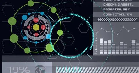 Composition of scopes scanning and digital data processing on black background Illustrazione stock