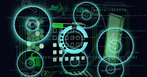 Composition of scopes scanning and digital data processing on black background Illustrazione stock