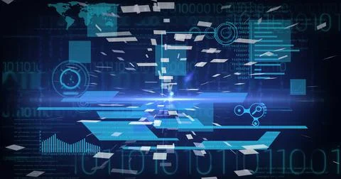 Composition of scopes scanning, data processing and screens on blue background Ilustração Stock