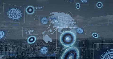Composition of scopes scanning on screens over globe and cityscape Stockillustratie