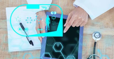 Composition of screen with medical data processing over female doctor using Stock Photos