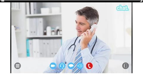 Composition of screen with medical data processing over male doctor during phone 写真素材