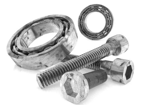 Composition of screws and pillow blocks on white Ilustração Stock