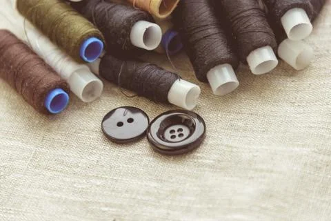 Composition of seamstress, tailor, thread for sewing and for knitting Stock Photos