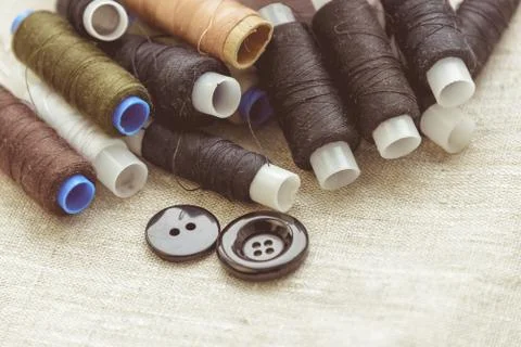 Composition of seamstress, tailor, thread for sewing and for knitting Stock Photos