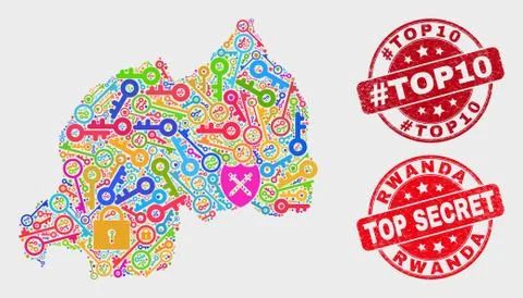 Composition of Secret Rwanda Map and Scratched #Top10 Seal 스톡 일러스트