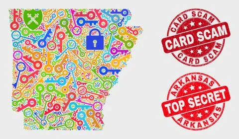 Composition of Secure Arkansas State Map and Distress Card Scam Seal Stock Illustration