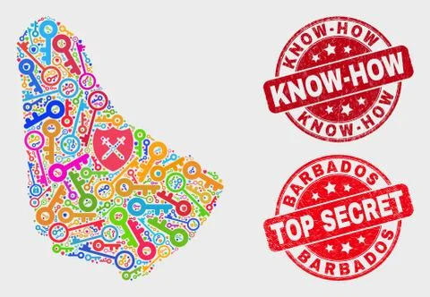 Composition of Secure Barbados Map and Scratched Know-How Stamp Seal Stock Illustration