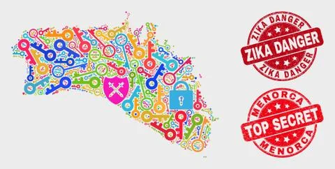 Composition of Security Menorca Island Map and Distress Zika Danger Stamp Seal イラスト素材