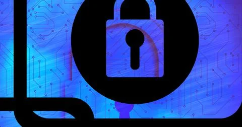 Composition of security padlock icon over computer circuit board イラスト素材