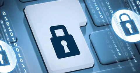 Composition of security padlocks on keyboard and binary code Stock Illustration