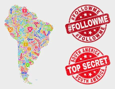 Composition of Security South America Map and Grunge #Followme Watermark Stock Illustration
