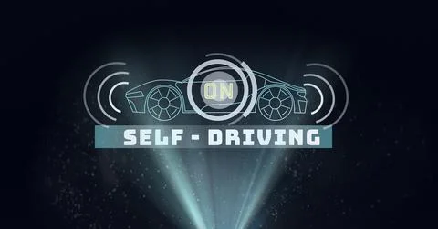 Composition of self driving car drawing with light trails on black background Stock Illustration