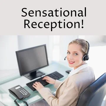 Composition of sensational reception text over caucasian businesswoman using Stock Photos