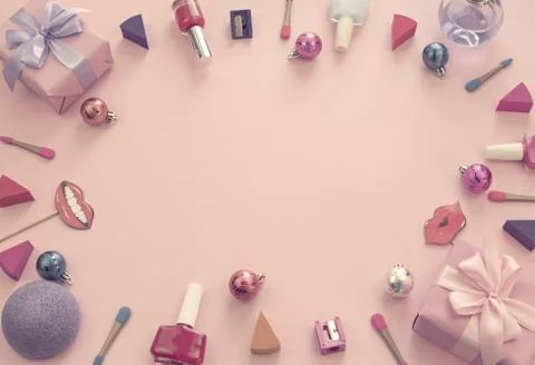 Composition set of decorative cosmetics nail Polish lipstick sponge sharpener Stock Photos